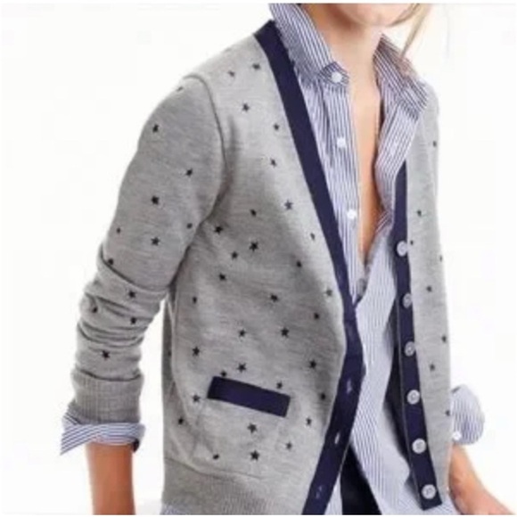 J. Crew Gray and Blue Cardigan Sweater with Polka Dot Pattern - Picture 1 of 9